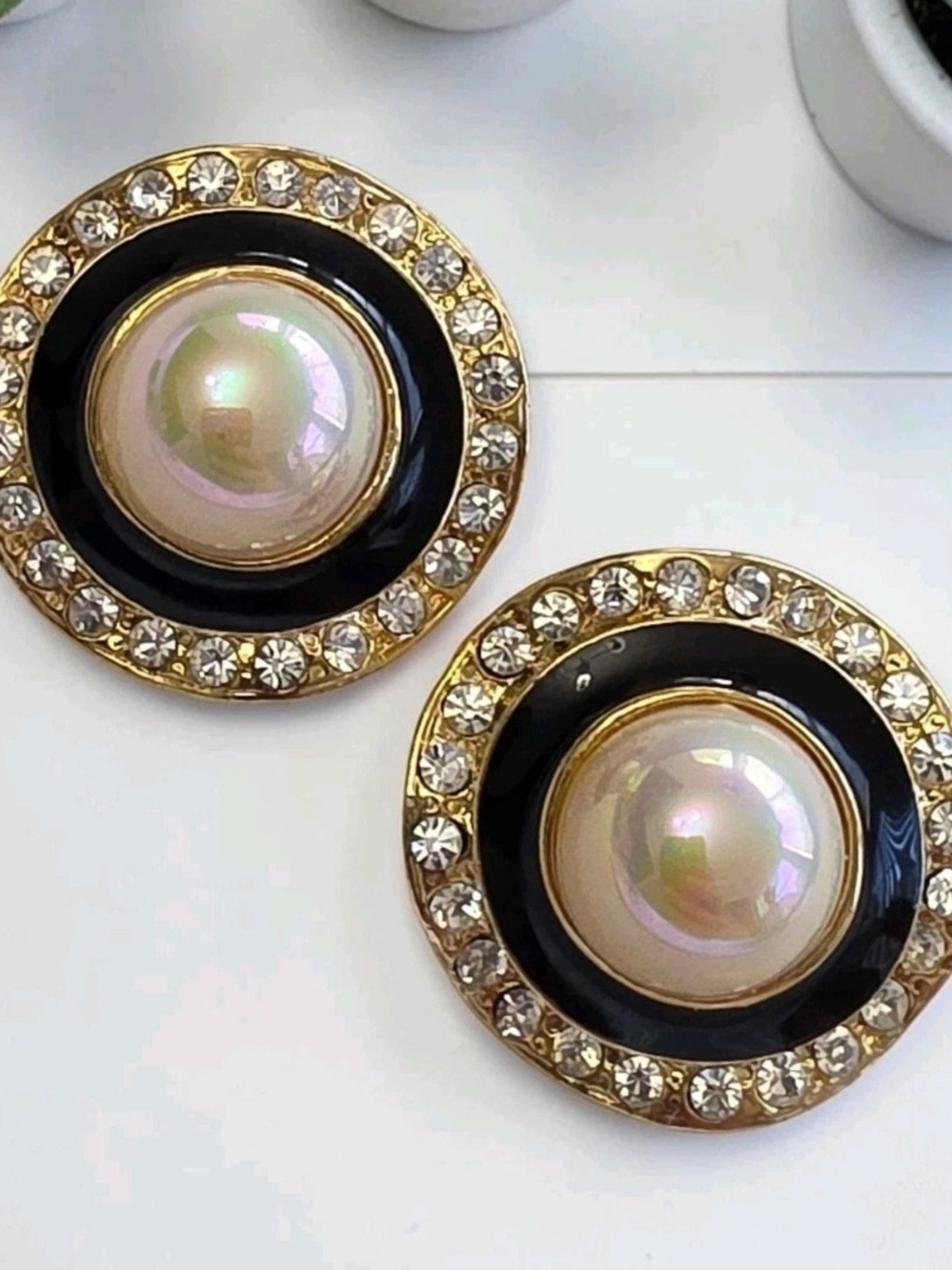 Vintage Lustrous Faux Pearl Cabochon Black Enamel Rhinestone Clip On Earrings